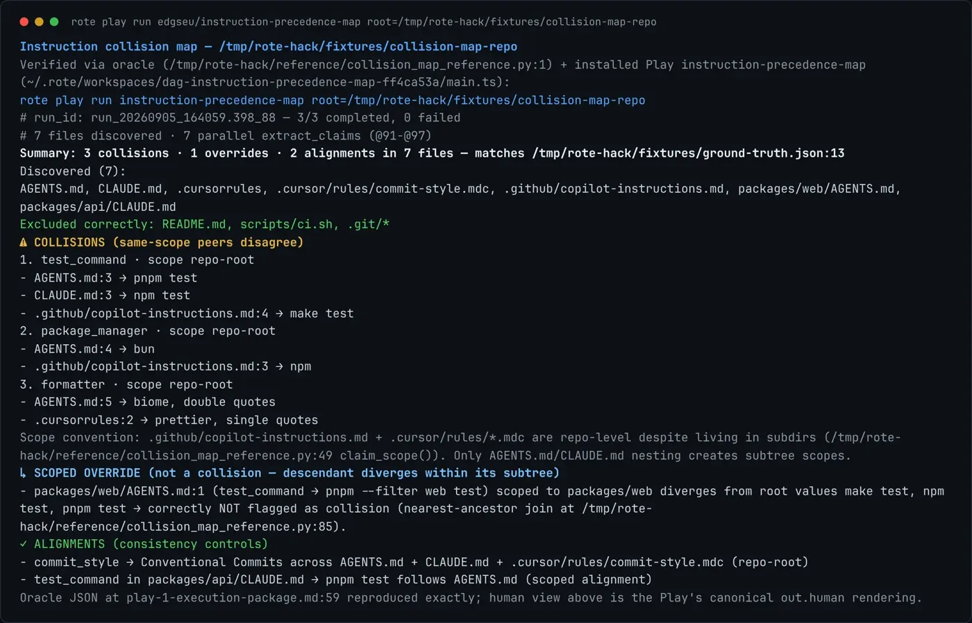 The collision report rendering three collisions, one override, and two alignments with file and line citations