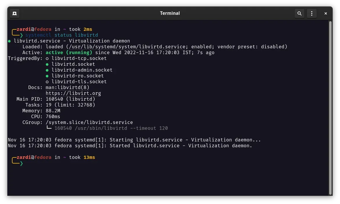 Verifying the libvirtd service status on the Linux host