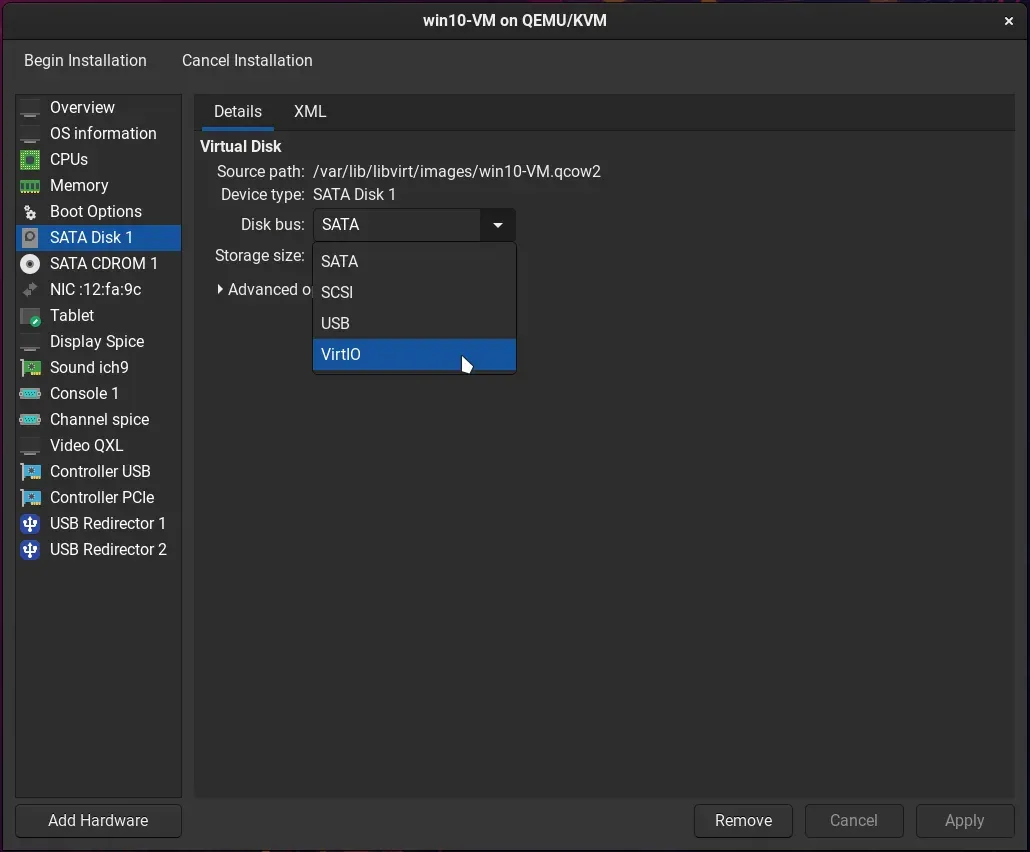 Setting the VM disk bus to VirtIO