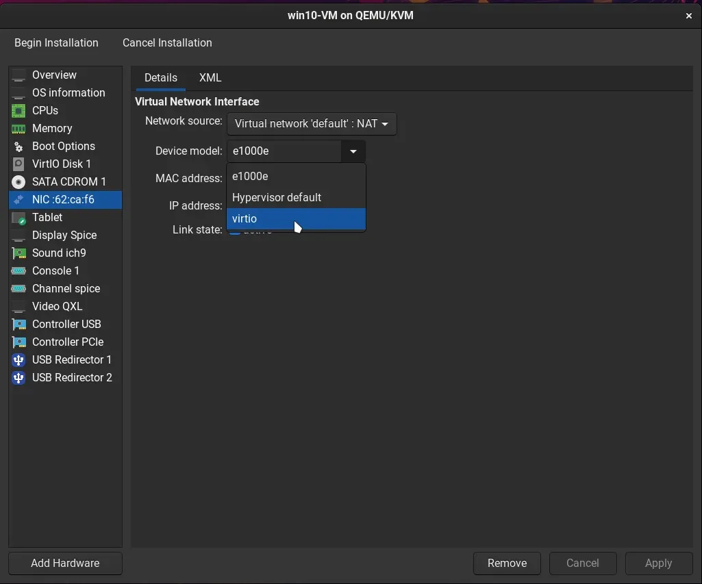 Selecting VirtIO for the network device model