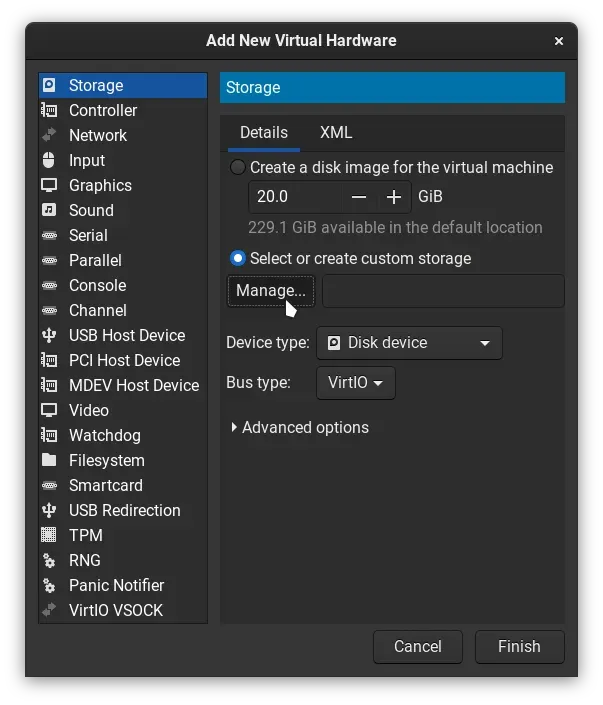 Adding custom storage hardware in virt-manager
