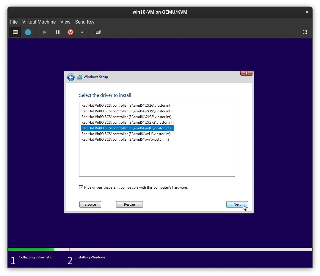 Selecting the VirtIO storage driver for Windows 10