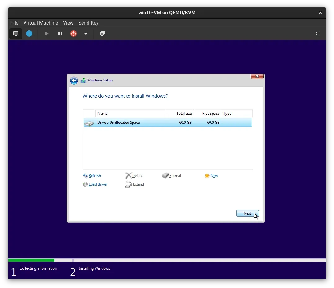 Proceeding with Windows installation on the recognized VirtIO volume
