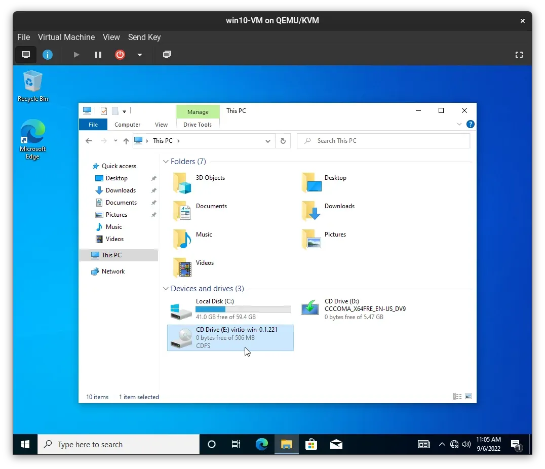 Opening the VirtIO CD-ROM drive in Windows File Explorer