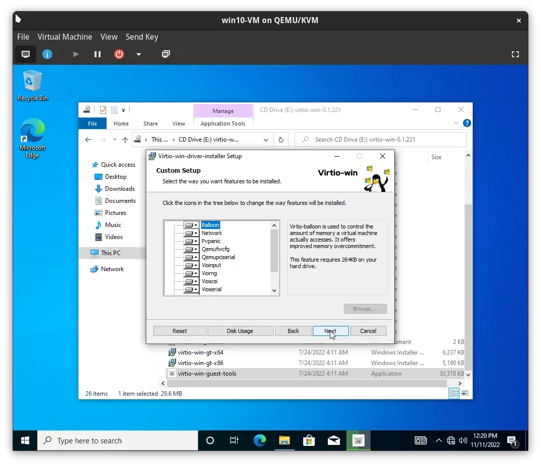 Completing the VirtIO driver installation wizard