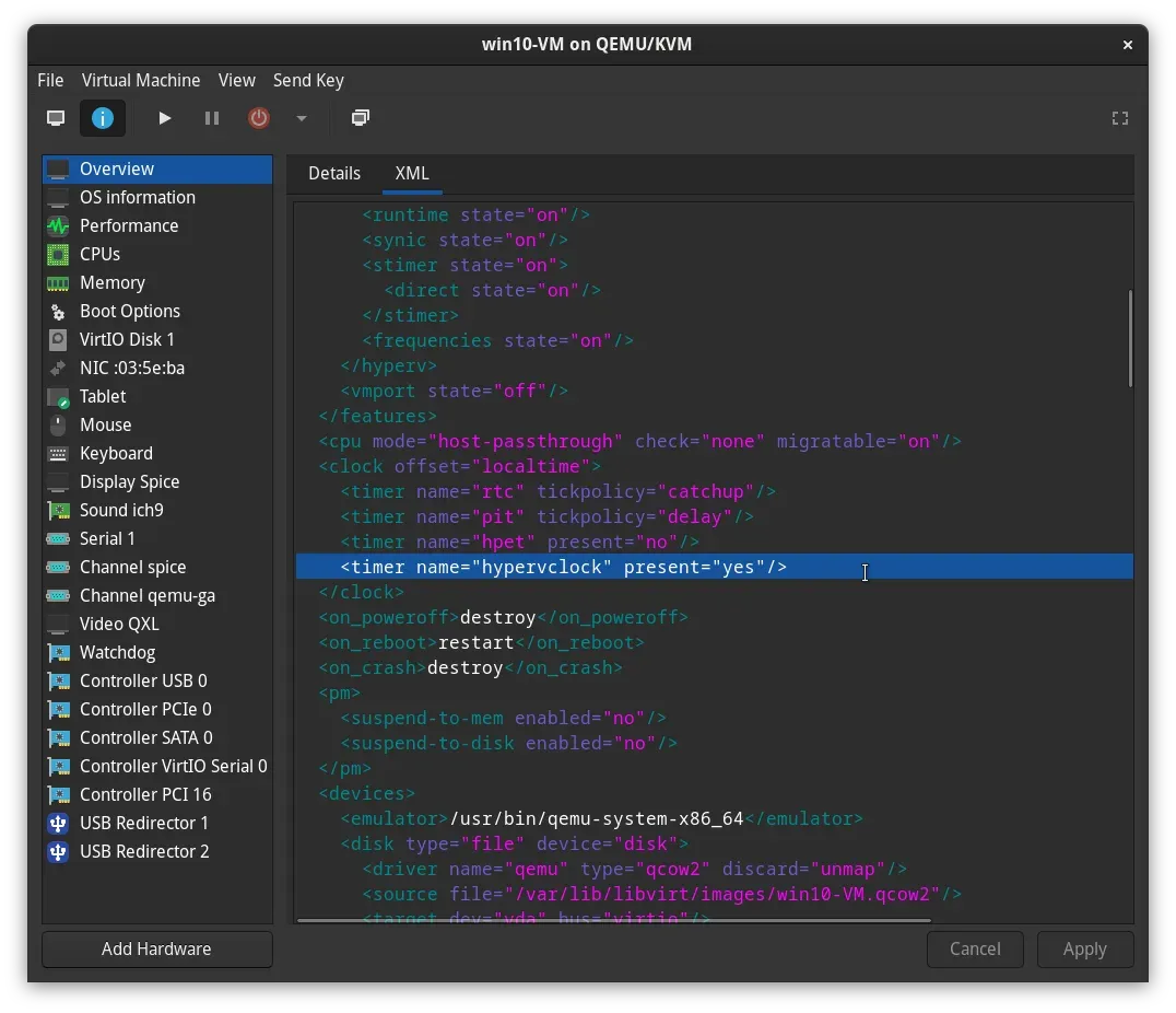 Adding the hypervclock timer to the XML clock configuration