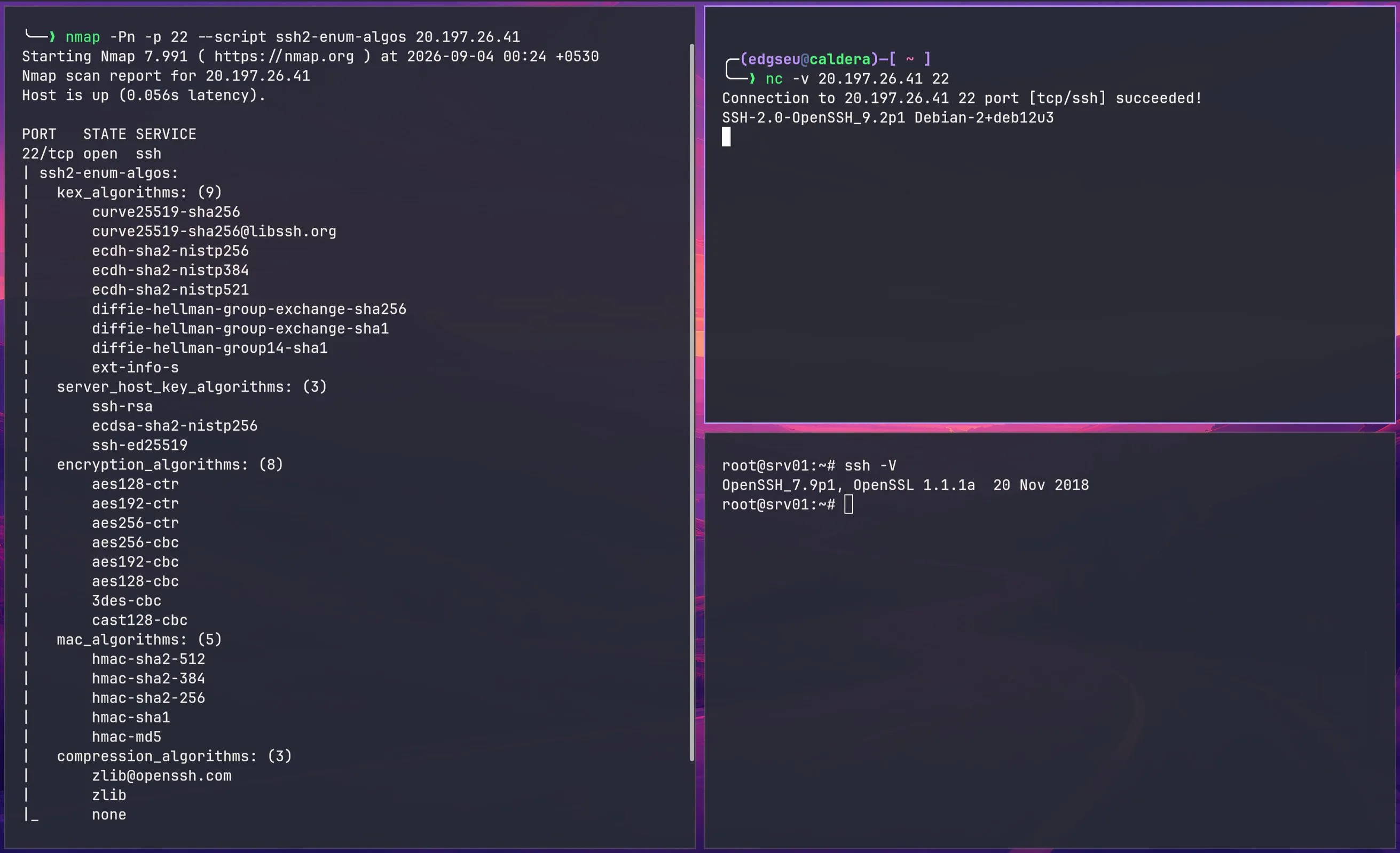 Three panes, one contradiction: nmap's ssh2-enum-algos shows the honeypot offering 3des-cbc, cast128-cbc, hmac-sha1, and hmac-md5, while nc shows an OpenSSH_9.2p1 Debian 12 banner and the honeypot shell's ssh -V reports OpenSSH_7.9p1